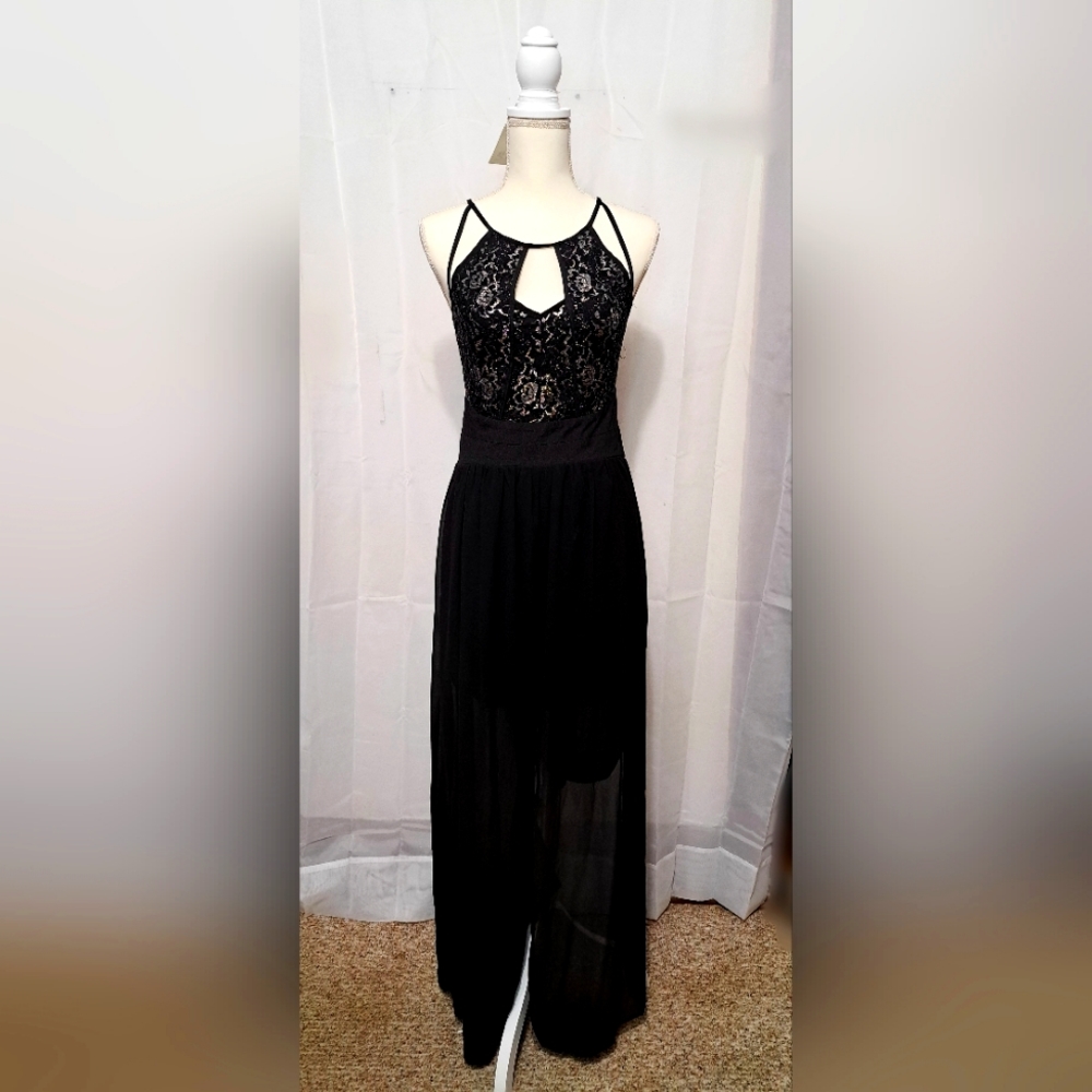 Black Maxi Dress Asymmetrical Neck and Back with Sparkling Floral Details on Top